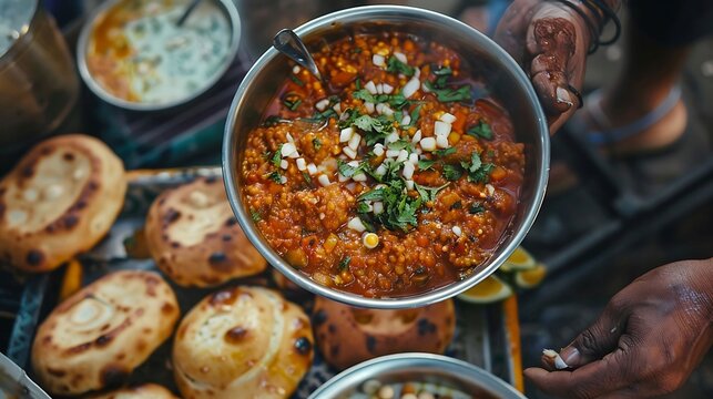 Indian Pav Bhaji Street Food Dish With Mashed Vegetable Curry And Buttered Bread Rolls