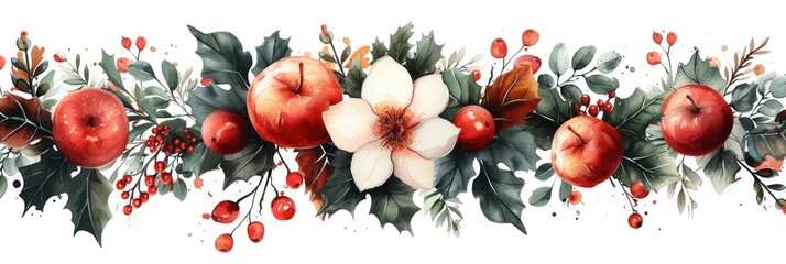 A lot of Christmas flower, green, fruits , water color style, vector, white background, top view. Generative AI.