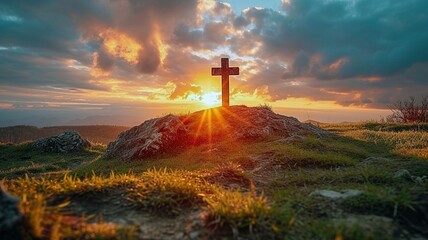 Sunset Behind Cross on Hilltop with Radiant Sunbeams - obrazy, fototapety, plakaty