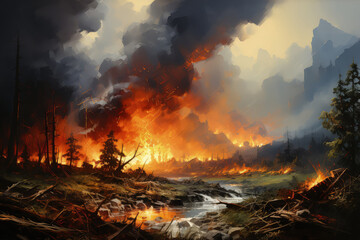 Fototapeta premium Powerful natural disaster unfolds as a fierce fire rages in a forest, engulfing everything in its path