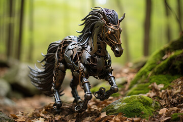 Metallic toy horse running through forest filled with vibrant leaves. Scene captures the motion and energy of toy horse as it moves through the natural environment