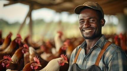 Black man chicken farmer looking over his chicken farm, smiling. Generative AI.