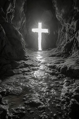 Incandescent Cross Glowing at the End of a Rugged Cave