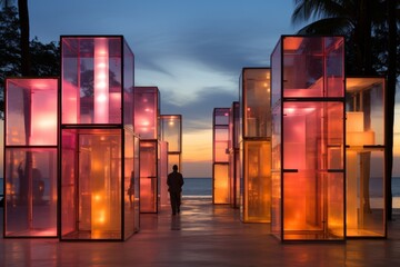 An outdoor modern art installation on a promenade, featuring illuminated glass boxes in warm orange and pink hues at dusk, with a silhouette of a person walking through - obrazy, fototapety, plakaty