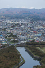 日本　北海道函館市にある五稜郭タワーから見える五稜郭公園と街並み