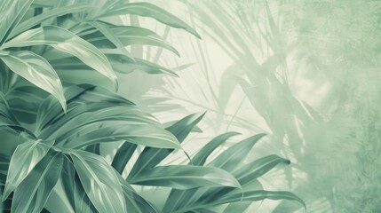 Pastel Mint Green Background with Tropical Leaves Zoomed In