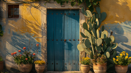 A blue door with cactus plants near a yellow cottage. Generated by artificial intelligence.