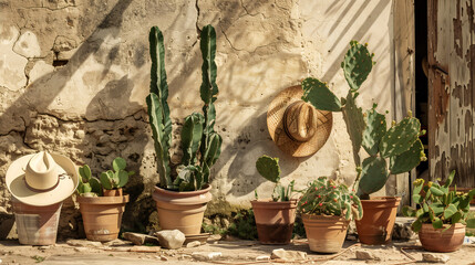 Fototapeta na wymiar Hats and potted plants with cactuses. Generated by artificial intelligence.