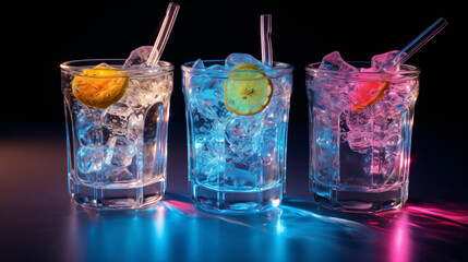 Kolorowy drink na tle neonowych świateł klubowych - zimny napój schłodzony lodem ze słomką w przezroczystej szklance - obrazy, fototapety, plakaty