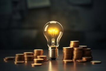 A glowing light bulb stands on a dark table surrounded by coins on a dark background, indicating cost and energy efficiency.