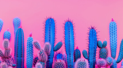Bright blue cactus plants against a pink background. Generated by artificial intelligence.