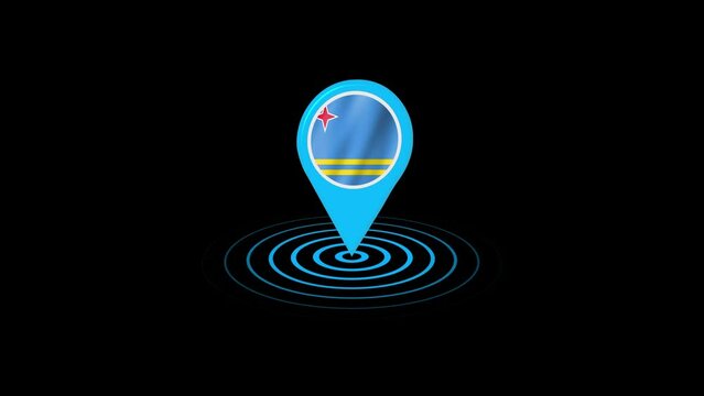 Aruba flag icon gps location tracking animation in black background