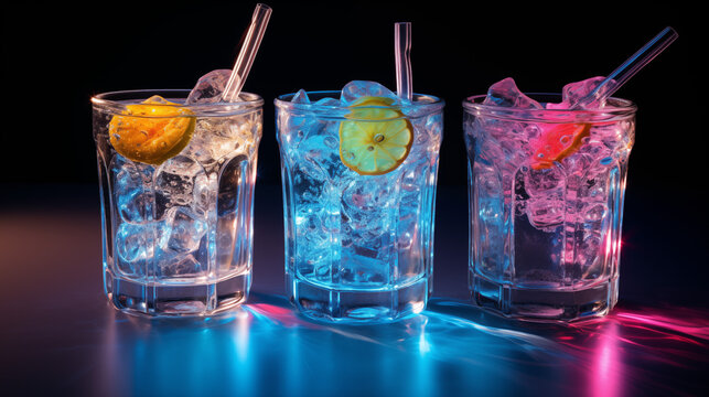 Kolorowy drink na tle neonowych świateł klubowych - zimny nap&oacute;j schłodzony lodem ze słomką w przezroczystej szklance
