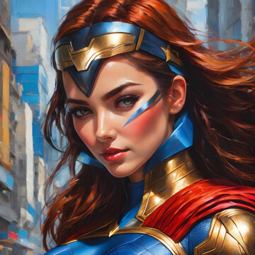 Oil Painting Close Up Female Superhero With Long Brown Hair
