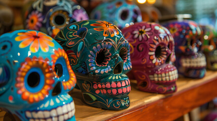 A colorful display of sugar skulls next to one another. Generated by artificial intelligence.