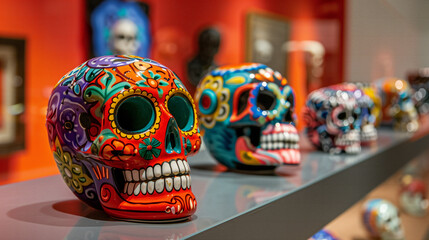 A colorful display of sugar skulls next to one another. Generated by artificial intelligence.