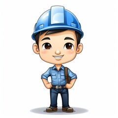 Cartoon illustration of a young smiling male engineer with a hard hat and in blue attire, isolated on white background 