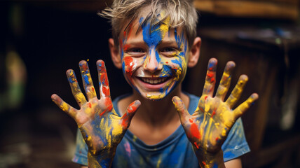 Smiling boy with paint on his hands and face - obrazy, fototapety, plakaty