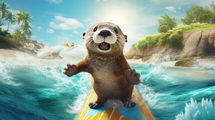 Excited Otter Surfing in Tropical Waters - obrazy, fototapety, plakaty