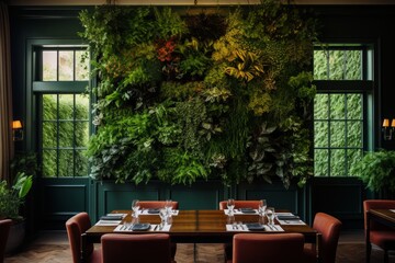 Fototapeta na wymiar Cafe, restaurant with vertical garden on the wall. Architecture, decor, eco concept