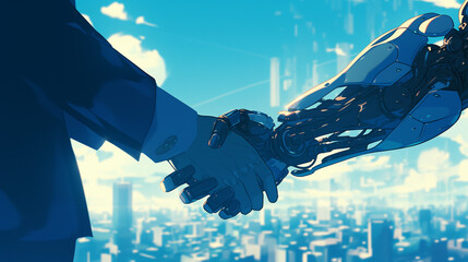ビジネスマンと機械が握手をしている　AI - obrazy, fototapety, plakaty