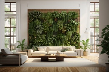 Stylish home interior with background from leaves and plants. Plant wall with lush green colors