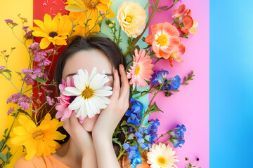 Happy Women's Day - March 8. Charming ladies with beautiful flowers on a bright background, creative collage