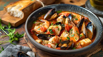 Italian zuppa di pesce seafood stew with fish, clams, mussels, and shrimp in a tomato broth, served with crusty bread