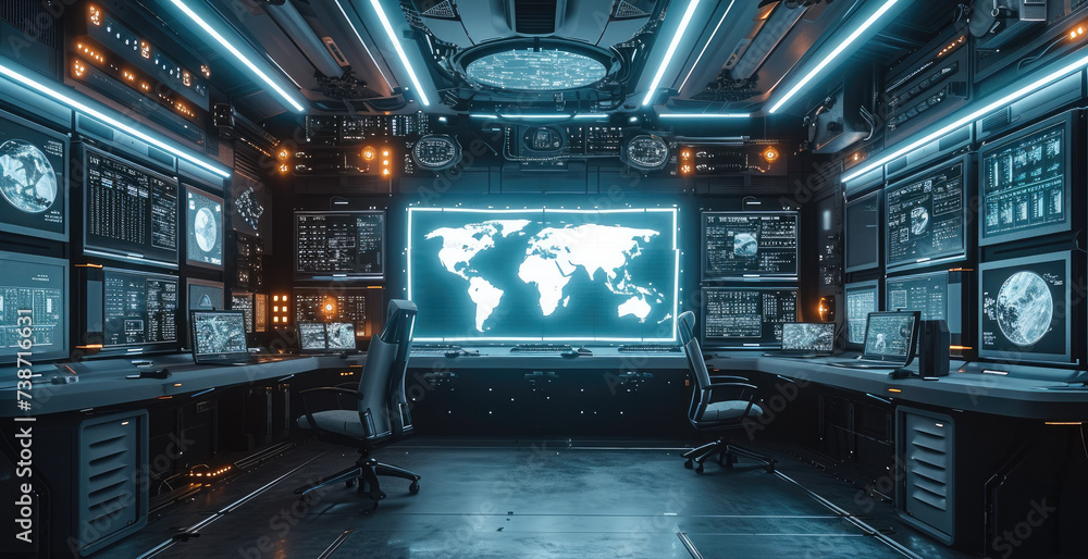 Aufkleber a monitor wall with a massive screen and some smaller screens surrounding it in a futuristic militar