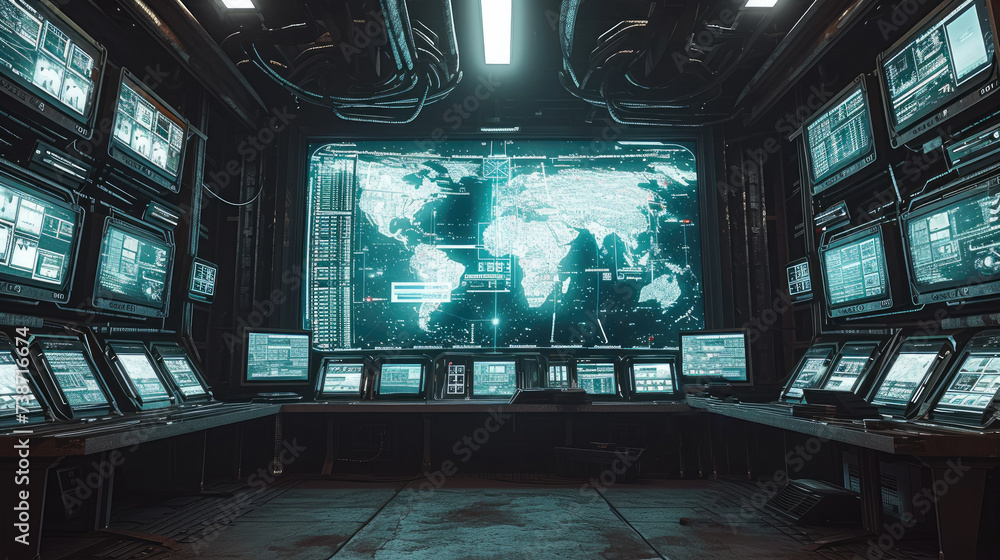 Aufkleber a monitor wall with a massive screen and some smaller screens surrounding it in a futuristic militar