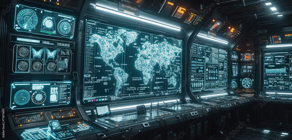 Poster A monitor wall with a massive screen and some smaller screens surrounding it in a futuristic military base. Generative AI.