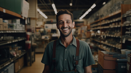 hardware store employee Who smiles happily at work - obrazy, fototapety, plakaty