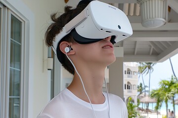 A person immersed in virtual reality experience, wearing a VR headset and exploring a digital environment. Generative AI
