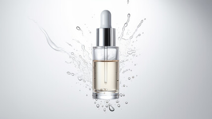Elegant Glass Dropper Bottle with Golden Serum on Reflective Surface drops skincare laboratory banner mockup.