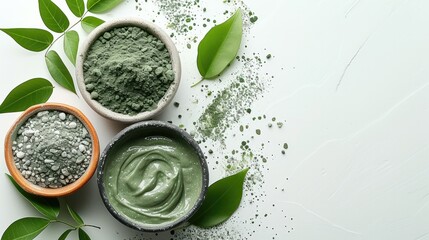 A big copy space with Exfoliating scrub with green clay and natural ingredients Beauty mask applied on white background. top view. Generative AI.
