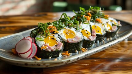Korean gimbap seaweed rice rolls filled with vegetables, egg, and ham, served with pickled radish