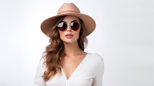 lovely woman isolated on a white background with sunglasses and a hat
