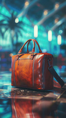 close-up of a leather large bag on a blurred background at the airport