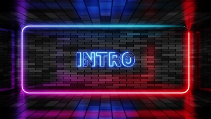 Neon sign intro in speech bubble frame on brick wall background 3d render. Light banner on the wall background. Intro loop introduction, design template, night neon signboard