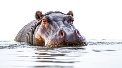 A lone hippo's head is waiting for food in a river against a stark white background.