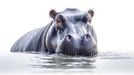 A lone hippo's head is waiting for food in a river against a stark white background.