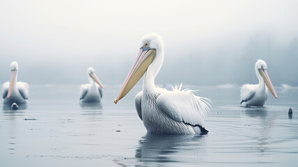 Pelicans hunting in the river, solitary against a stark white background