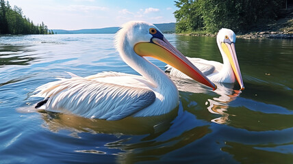 Pelicans hunting in the river, solitary against a stark white background