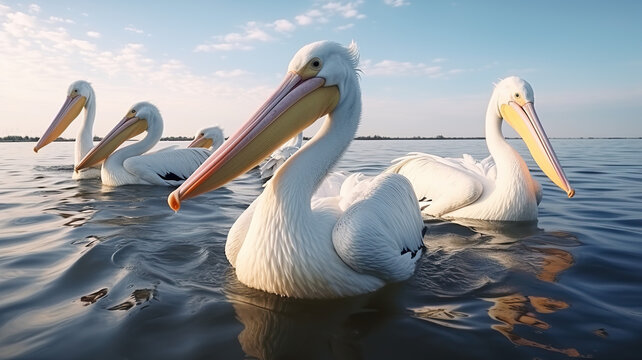 Pelicans hunting in the river, solitary against a stark white background