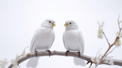 Close-up of two white birds on a tree, isolated against a stark white background