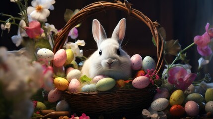 easter  bunny is in a basket with colorful eggs