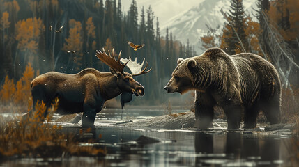 A bear on left a moose on right. Generative AI. - obrazy, fototapety, plakaty