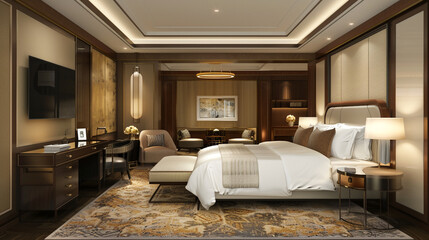 3D rendering modern bedroom suite in hotel with tv and work table .