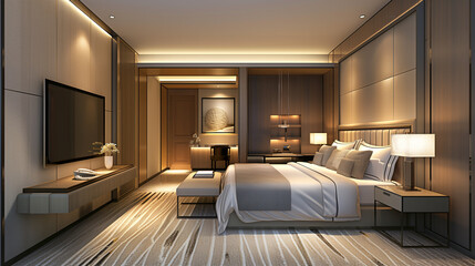 Fototapeta na wymiar 3D rendering modern bedroom suite in hotel with tv and work table .