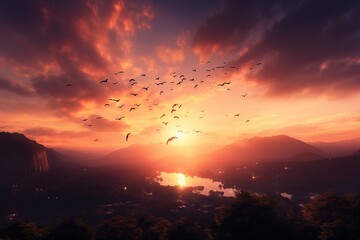 A group of birds soaring through the sky as the sun sets in the background, creating a stunning visual display of natures beauty. Generative AI